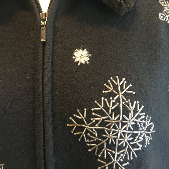 *HOST PICK* Pandemonium Women's Black Wool Cardigan Jacket Bead Snowflakes Large - Picture 3 of 12